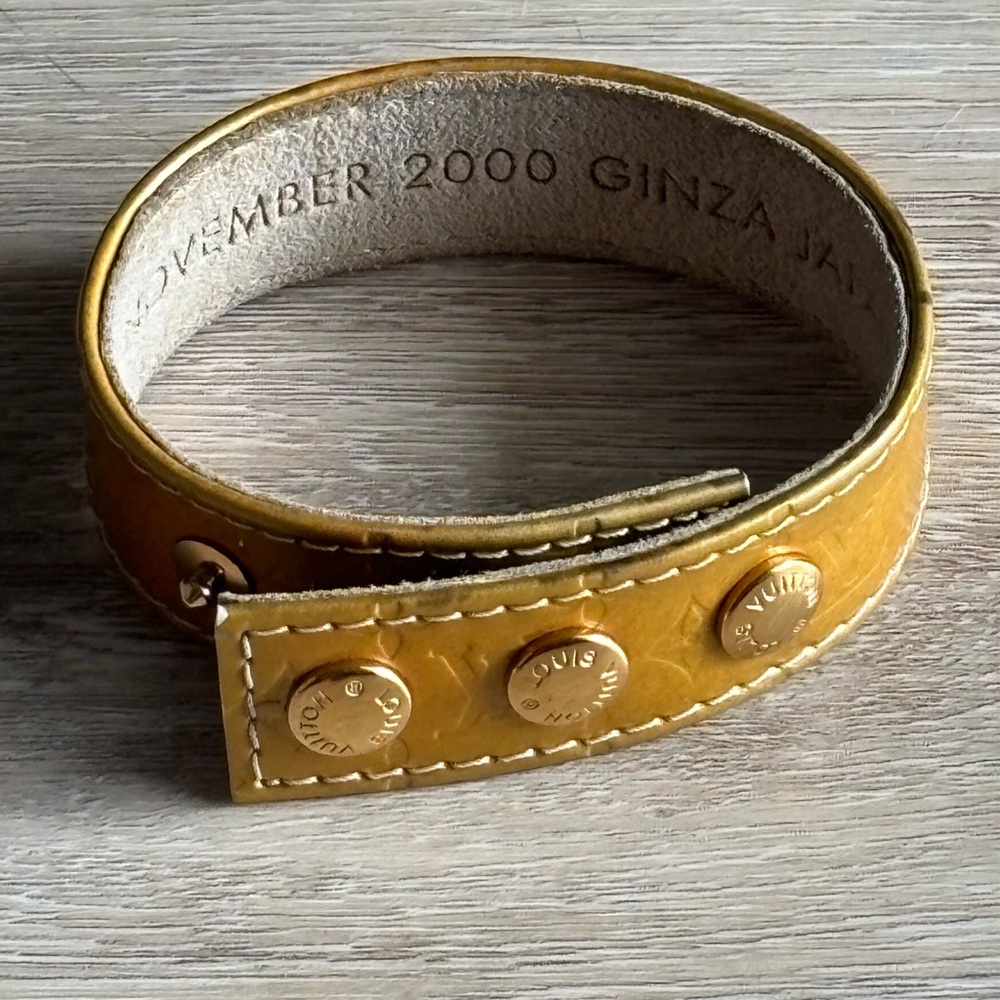 Louis Vuitton Mustard Yellow Leather Snap Bracelet Gold-Tone Logo Studs w/ COA